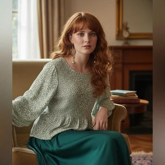 Cleo Green White Floral Milkmaid Smocked Long Puffy Sleeve Blouse Size XL - Picture 1 of 6